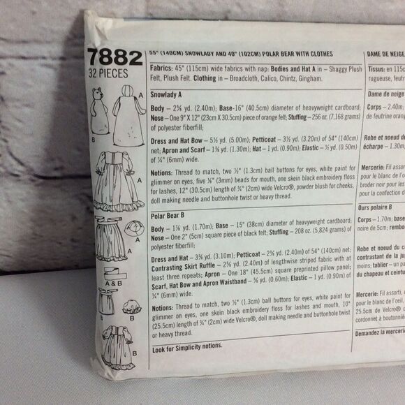 Vtg Simplicity Sewing Pattern #7882 Christmas Snowman/Bear Doll 55” & 40” Uncut - Picture 5 of 6